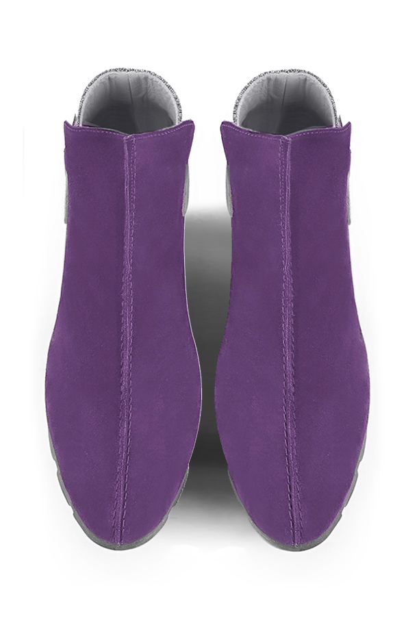 Women's amethyst purple, pebble grey and dove grey elegant ankle boots, with buckles at the back. Round toe. Thin rubber soles - Top view
